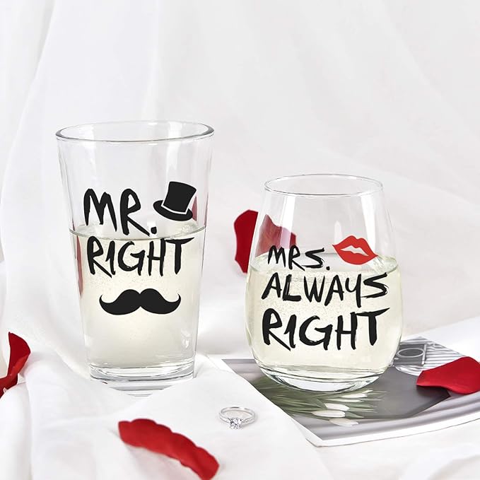 Mr. Right and Mrs. Always Right Stemless Wine Glass and Beer Glass, Funny Couple Set for Her Him Newlywed Couples - Ideal for Wedding Anniversary Valentines Birthday Christmas, 12Oz
