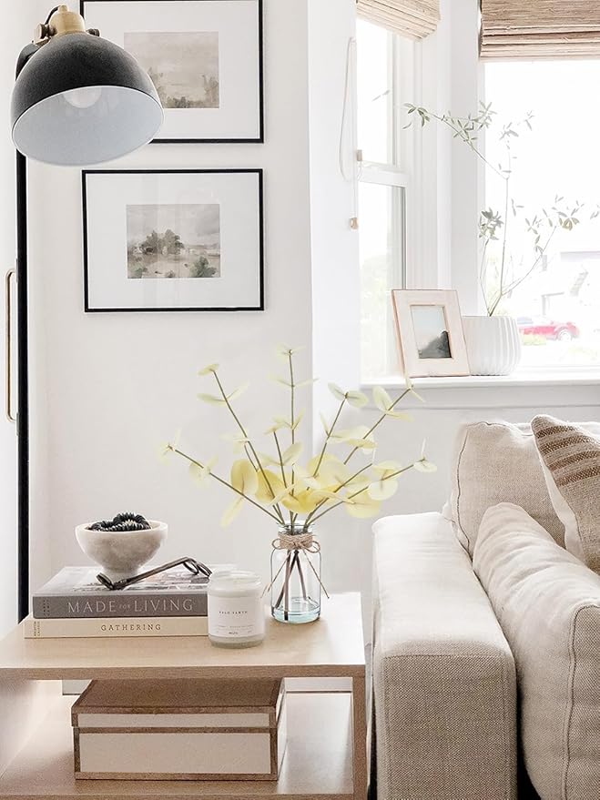 Artificial Eucalyptus Stems in Glass Vase with Faux Water, 14" Fake Plants for Home Decor, Coffee Table Centerpieces, Office, Bathroom & Farmhouse Weddings - Faux Plants Decorations