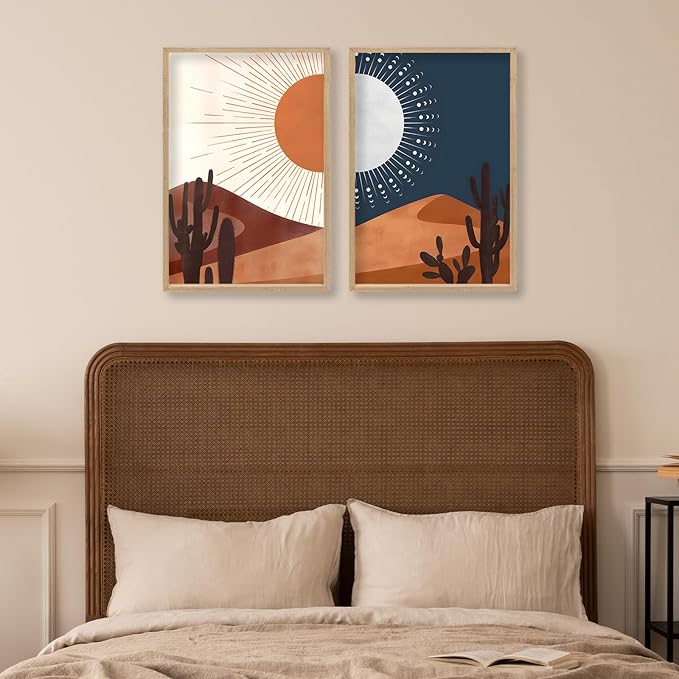 Sun and Moon Cactus Desert Landscape Wall Art Decor 16"x11" Modren Farmhouse Living Room Set of 2 Botanical Prints Wooden Framed Bedroom Boho Multicolor Minimal Wall Hanging Sign (Wood)