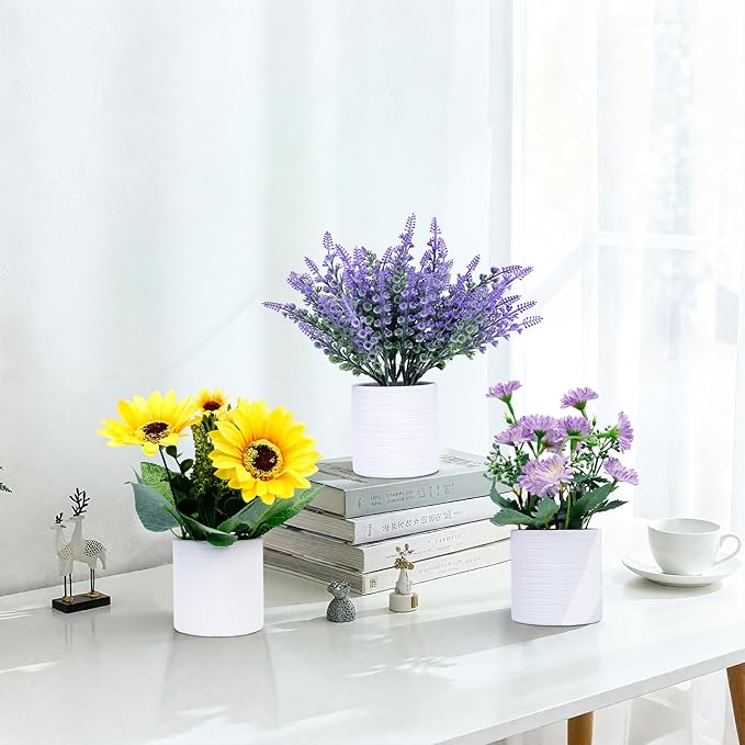 FGSAEOR Mini Potted Fake Plants, Small Artificial Greenery Realistic Plants Topiaries, Low Maintenance, for Home Office Shelf Desk Farmhouse Room Coffee Table Decor (3-Pack) (Purple Yellow)
