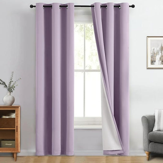 Yakamok 100% Blackout Curtain Panels 84 inches Cold and Light Blocking Drapes for Nursery, 2 Thick Layers Thermal Insulated Draperies (2 Pieces, 40 Wide Each Panel, Lilac Front with White Backing)
