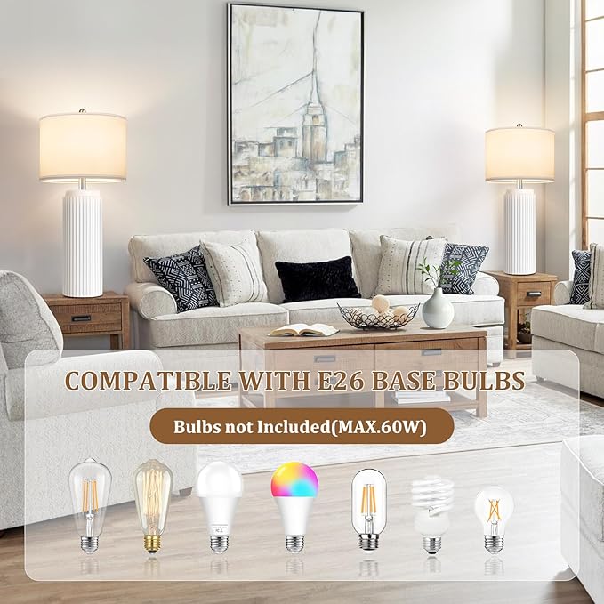 TOBUSA 28’’ Modern White Ceramic Lamps Set of 2 for Living Room, Vintage Nightstand Lamps for Bedroom, Farmhouse Bedside Lamps with Linen Shade, Elegant Decor Lamp Sets for Home Office