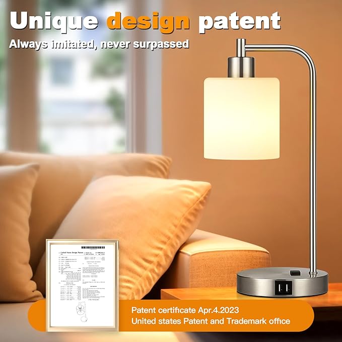 Set of 2 Industrial Touch Control Table Lamps with 2 USB Ports and AC Outlet - 3-Way Dimmable Nickel Bedside Lamp Nightstand Desk Lamps for Bedroom Living Room, Opal Glass Shade & 2 LED Bulbs Included