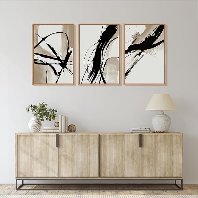HOURIA Large Abstract Tan and Black Brush Stroke Framed Canvas Wall Art Set,Textured Beige Circle Wall Decor,Minimalism Brown Ink Line Artwork,Modern Shape Art Print for Living Room,Bedroom- 16"x24"x3