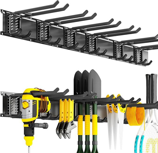 Garage Tool Organizer Wall Mount, 48inch Heavy Duty Garden Tool organizer Storage System, Easy Install With 6 Adjustable Bilayer Hooks, For Garage, Basement, Shed, Workshop(Black)