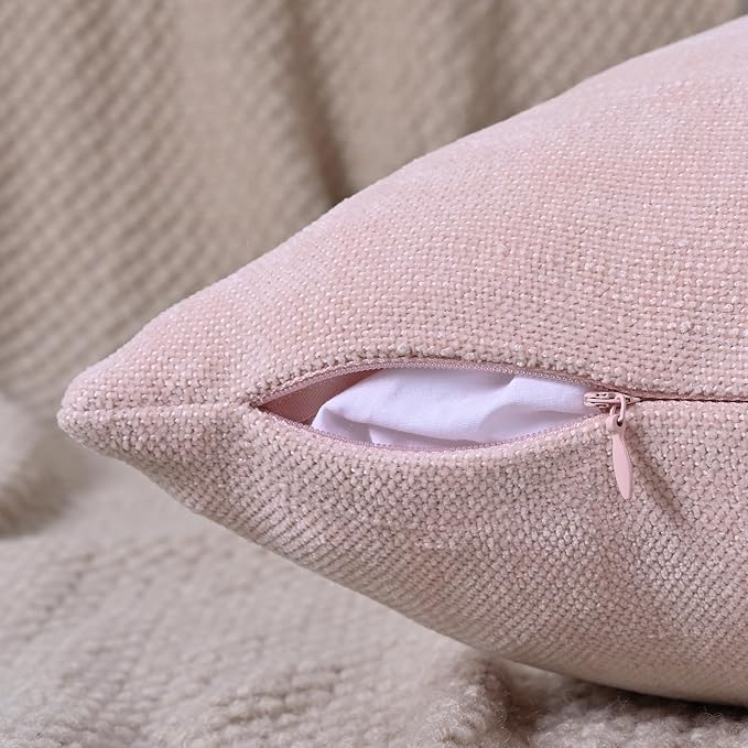 Set of 4 Soft Textured Decorative Throw Pillow Covers 18x18 Inch Cozy Farmhouse Cushion Cover Square Accent Pillow Cases for Bed Couch Sofa Living Room, Light Pink