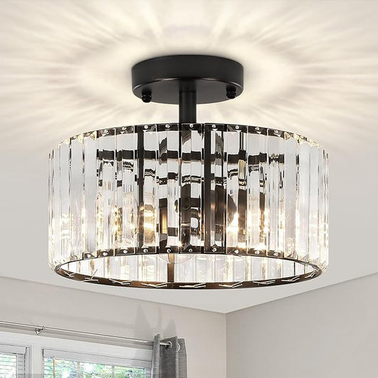 TOULMJ Crystal Ceiling Light, 3-Light Semi Flush Mount Ceiling Lighting Fixture, Black Round Hallway Light Fixtures for Kitchen Entryway Bedroom Laundry Room