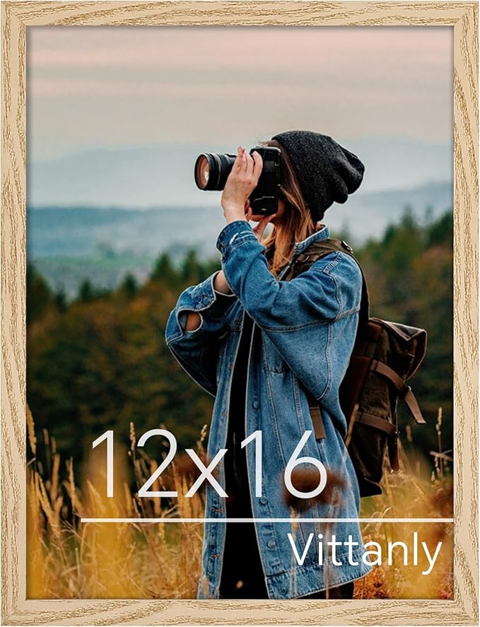 Vittanly 12x16 Picture Frame for Wall, Plexiglass, Displays Poster 11x14 with Mat or 12x16 without Mat, PVC Frame Material, Horizontal or Vertical Hanging, 1 Pack, Natural