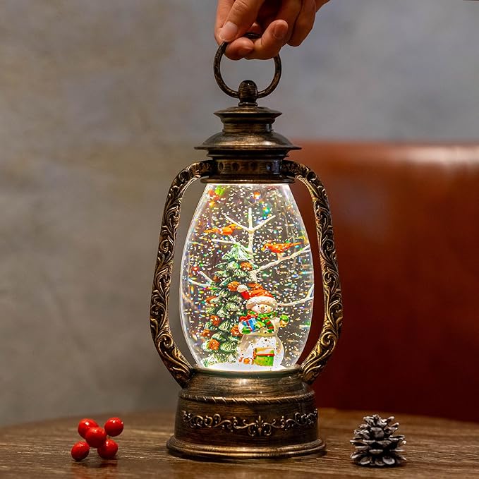 12'' Christmas Musical Snow Globe Lantern Spinning Water Glittering Snowman with Holiday Tree Scene, Battery & USB Powered Light for Home Decoration
