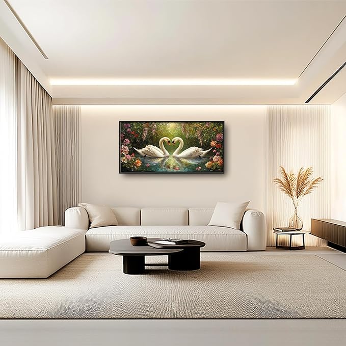 Swans Framed Wall Art for Living Room, Large Lake Loving Swans Canvas Wall Decor, Country Animal Pictures Painting, Natural Landscape Modern Artwork for Bathroom Bedroom 60L'' × 30W''