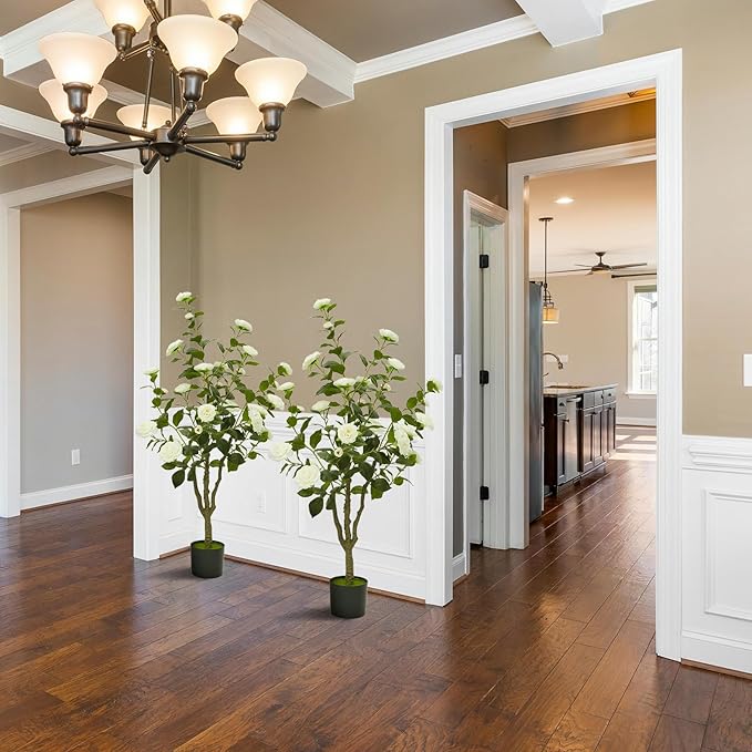 4ft Artificial Camellia Tree with White Silk Flowers - Realistic Faux Flowering Plant for Indoor/Outdoor Decor, Home Staging & Wedding Centerpieces Set of 2