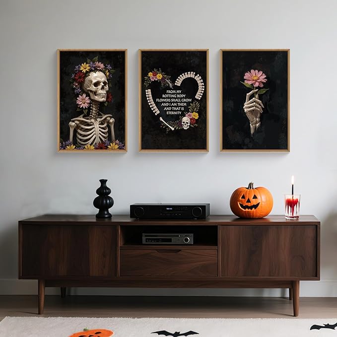 KAIRNE Halloween Gothic Skull Wall Art Set of 3, Spooky Skeleton Wall Decor and Horror Floral Prints, Dark Moody Canvas for Living Room, Bedroom, Goth Party Home Decor 24x36 inch