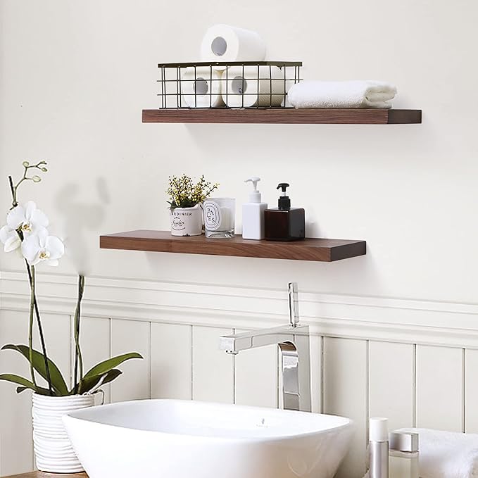 Axeman Walnut Floating Shelves for Wall - 24 Inch Wide x 6 Inch Deep Solid Walnut Wood Shelves Set of 2 - Natural Wooden Shelves for Room Wall Decor