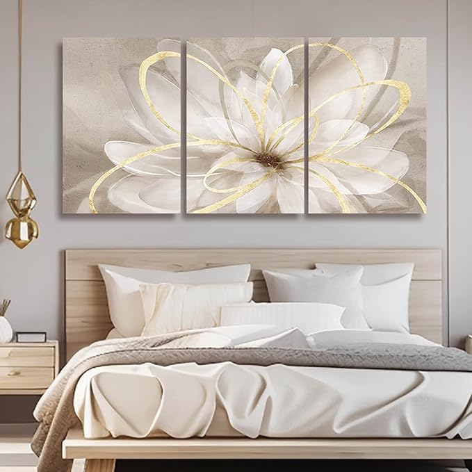 Kureful Gold Wall Art Pictures for Bedroom Flowers Wall Decor Floral Posters Art 3 Piece Wall Decorations Minimalist Decor for Walls 20"x 26"x 3