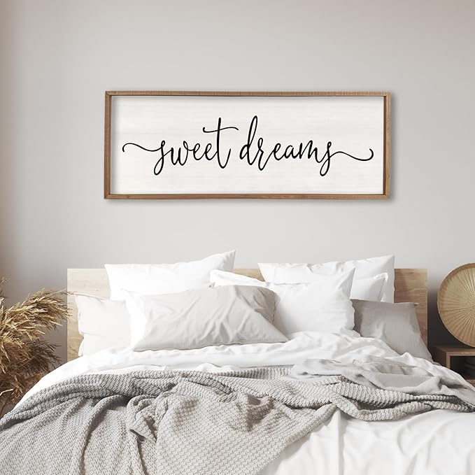 Surfapans Sweet Dreams Wall Decor Above Bed 40"x15" ofr Master Bedroom Guest Room Wood Framed Rustic Over Bed Wall Art Sign (Wood)