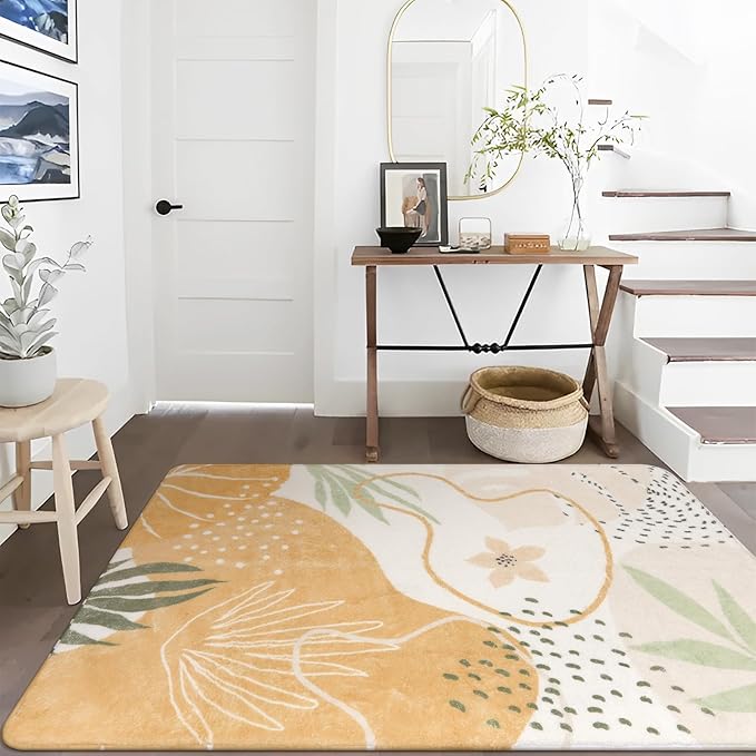 Lahome Washable Area Rug for Living Room - 5x7 Rug for Classroom Throw Non-Slip Soft Rugs for Bedroom Aesthetic, Boho Taupe Botanical Print Indoor Capet for Kids Nursery Dorm Entryway Dining Room