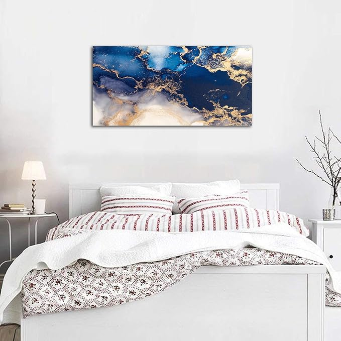 NINEASO Blue and Gold Abstract Wall Art - Deep Blue Ocean Pictures for Home Decor Modern Elegance Canvas Print Wall Decor Vast Ocean from Above Abstract Artwork for Living Room Bedroom 29" x 58"