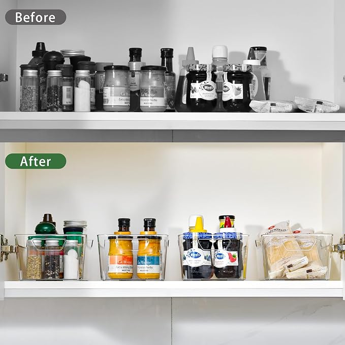 Clear Plastic Storage Bins,12 Pack Pantry Organizers and Storage, Clear Pantry Organizer Bins, Plastic Containers with Handle for Kitchen,Freezer,Cabinet,Closet,Bathroom Under Sink Storage