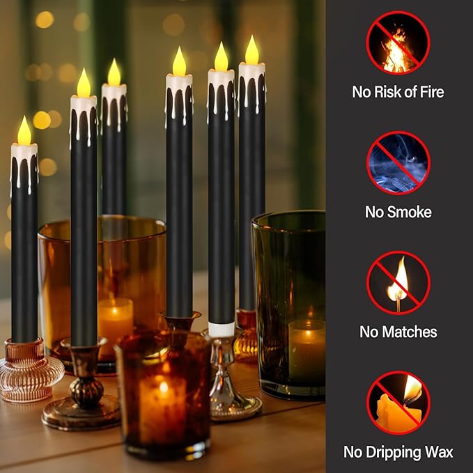 Flameless Taper Candles 10.6" Dripless Battery Operated Taper Candles Included Remote Timer 400+ Hours by 2AA Batteries for Halloween Christmas Wedding (Black+White, 6 Pack)