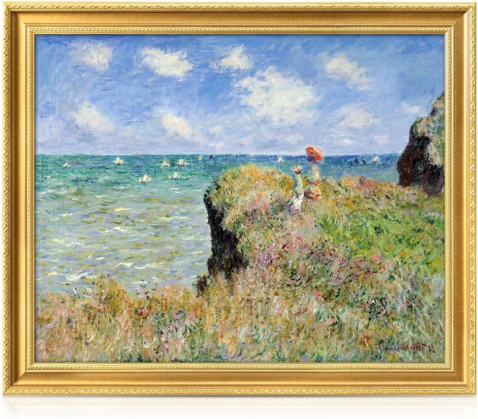 DECORARTS - Claude Monet The Cliff Walk At Pourville Giclee Print with Gold Solid Wood Frame, Impressionist Large Framed Wall Art, Ready to Hang, Framed Size 34.75x28.75, Made in USA