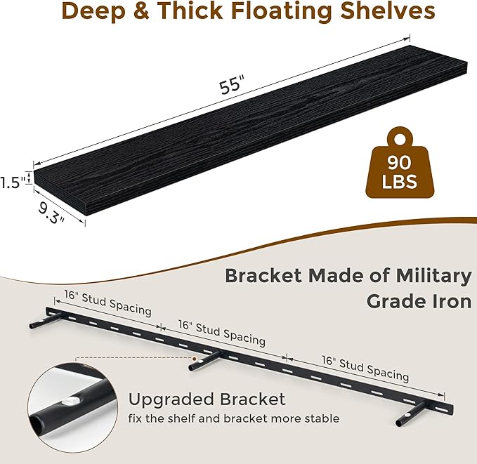 55 Inch Floating Shelves Black, Rustic Wood Floating Shelf Wall Mounted, 9.3 Inch Deep Floating Shelf for Kitchen, Bedroom, 55 x 9.3 Wall Shelves for Home Storage, Set of 1