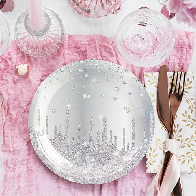 50PCS Silver Glitter Paper Plates - 7inch Silver Diamond Birthday Dessert Plate for Cake Salad Pizza Disposable plates Supplies for Girls Women Mermaid Anniversary Birthday Wedding Theme Party