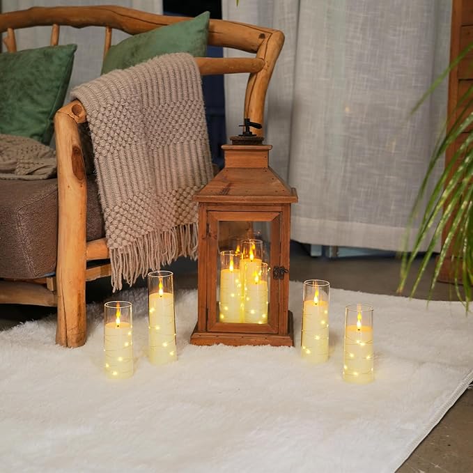 Raycare Flameless LED Candles with Embedded Star String, 9 Pcs Battery Operated Acrylic Pillar Candle with Timer and Remote, Flickering Candles for Romantic Ambiance and Home Decoration (Ivory)