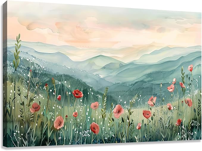 Tucai Decor Floral Landscape Canvas Wall Art 32 x 48 inches Poppies in Mountain Valley Home Decor Art Prints for Living Room Bedroom Office Ready to Hang