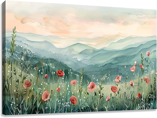 Tucai Decor Floral Landscape Canvas Wall Art 32 x 48 inches Poppies in Mountain Valley Home Decor Art Prints for Living Room Bedroom Office Ready to Hang