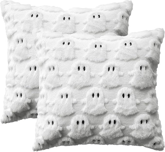 AVOIN colorlife Halloween Ghost White Throw Pillow Cover Set of 2, 18 x 18 Inch Soft Plush Faux Fur Jacquard Spooky Cushion Case Decoration for Sofa Couch