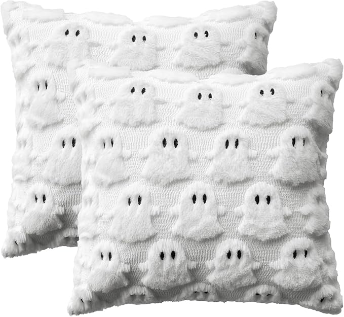AVOIN colorlife Halloween Ghost White Throw Pillow Cover Set of 2, 16 x 16 Inch Soft Plush Faux Fur Jacquard Spooky Cushion Case Decoration for Sofa Couch