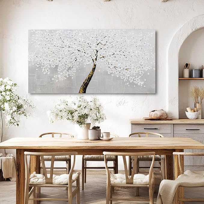 VAYIMDH White Flowers Wall Art Canvas Painting Black with Gold Tree Prints for Bedroom Contemporary Wall Decor for Living Room 24"x 48" Ready to Hang