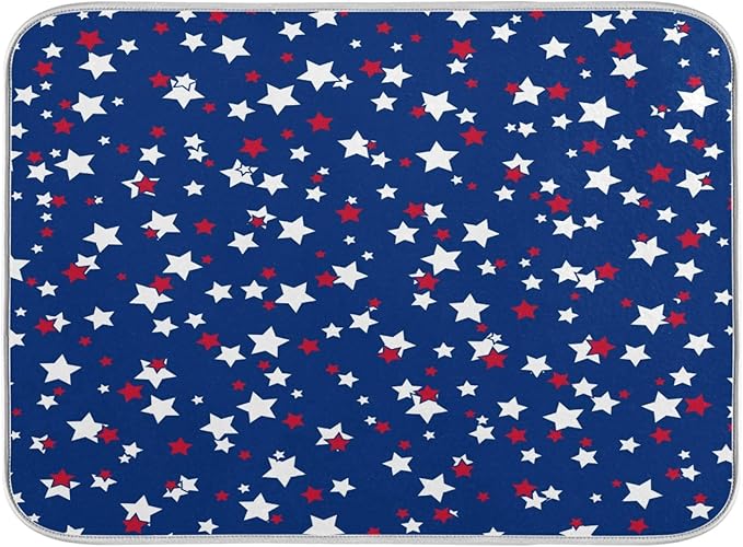USA Patriotic Stars Memorial Dish Drying Mat 18 X 24 Inch Red Blue White Independence Day Dry Dishes Pads Tableware Mats Protector for Kitchen Countertops Counter Home Decorations