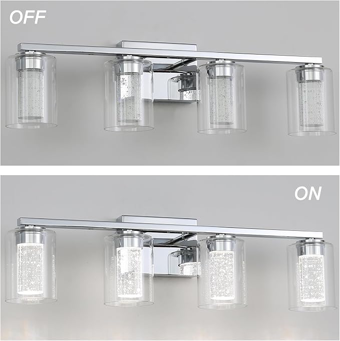 4 Light Chrome Bathroom Light Fixture, Dimmable 5CCT Chromes Bathroom Vanity Lights, 2700K-6500K Modern Crystal Bubble LED Wall Sconce Over Mirror with Clear Glass for Bedroom, Living Room