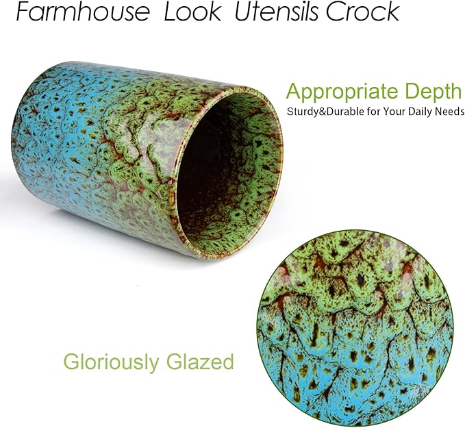 Utensil Holder, Ceramic Kitchen Utensil Holder for Countertop, Large Cooking Utensil Crocks for Kitchen Counter, Morden Utensil Organizer for Spatula, kitchen Decor,Green & Blue