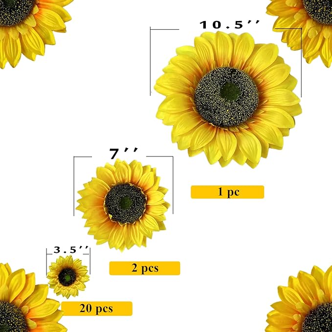 Ukeler 23pcs Artificial Sunflower Heads 10.5'' 7'' 3.5'' Multi-Sized Floral Photography Props Yellow Sunflower Artificial Flowers for Baby Shower Christmas Tree Wedding Birthday Party Decoration