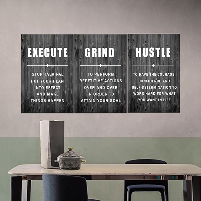 Motivational Wall Art Execute Grind Hustle Inspirational Poster 3 Pieces Canvas Prints Artwork for Living Room Modern Home Decor Painting Pictures Stretched and Framed Ready to Hang [48''Wx 24''H]