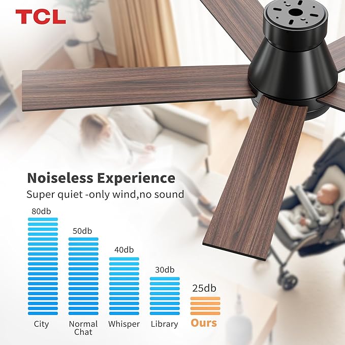 TCL 52" Black Ceiling Fan with Light and Remote, Modern LED 3-Color, 3CCT, Quiet Motor for Bedroom, Living Room, Dining Room, Ceiling Fans with Lights (Black)