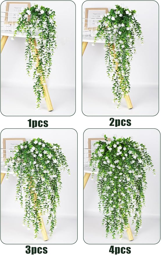 SJL 4pcs Fake Hanging Plants Realistic Artificial Outdoor Flowers Hanging Greenery Artificial Ivy Vine Leaves Faux Green Plastic Plants Greenery Flowers Green Leaf Decor for Wall Home (White)