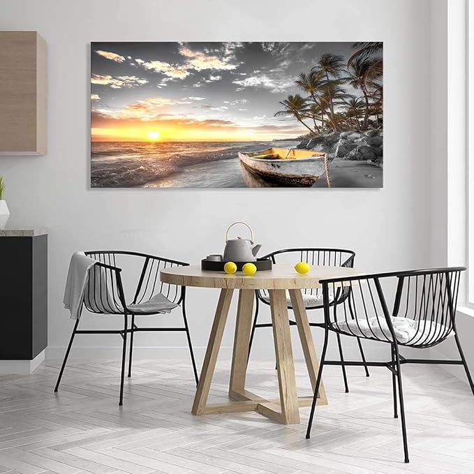 Beach Wall Art Canvas Prints Art Black and White Sunset Seascape Pictures Bedroom Decor Boat Tree Ocean Landscape Painting for Living Room Office Decoration Natural Scenery Artwork 20x40inches