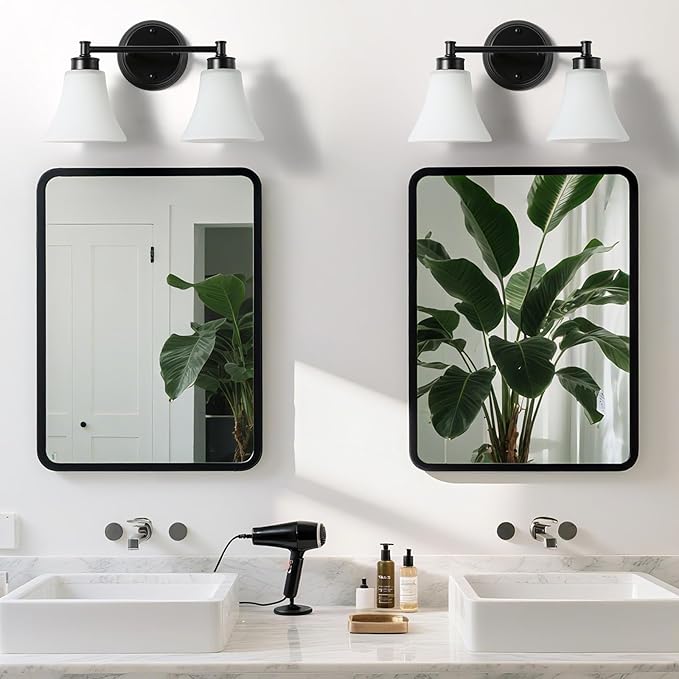 LOUSACE 2 Light Bathroom Vanity Light Matte Black Bathroom Lighting Fixtures Over Mirror with Opal White Frosted Glass, Vintage Traditional Wall Lighting Fixture Vanity Lights