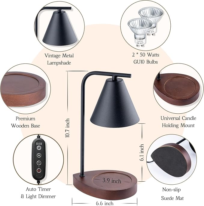 Black Candle Warmer Lamp with Timer, Birthday Gifts for Women Men, House Warming Gifts New Home Decor Aesthetic Black Walnut, Electric Dimmable Wax Melt Warmer for Jar Candles