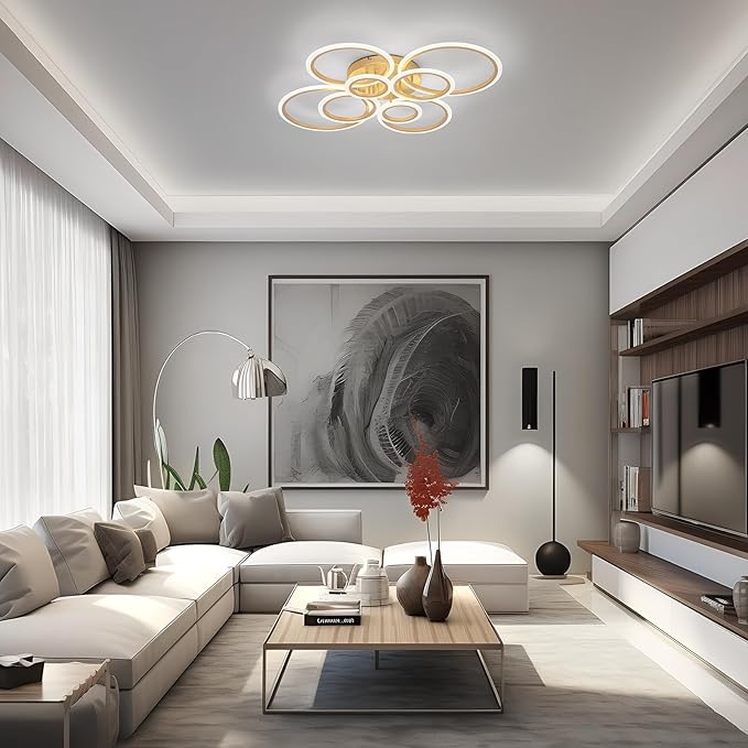 Modern LED Ceiling Light, Gold 8 Rings Flush Mount Ceiling Light, 4000K Lighting Fixture Ceiling Lamp for Kitchen, Bedroom, Living Room, Dining Room