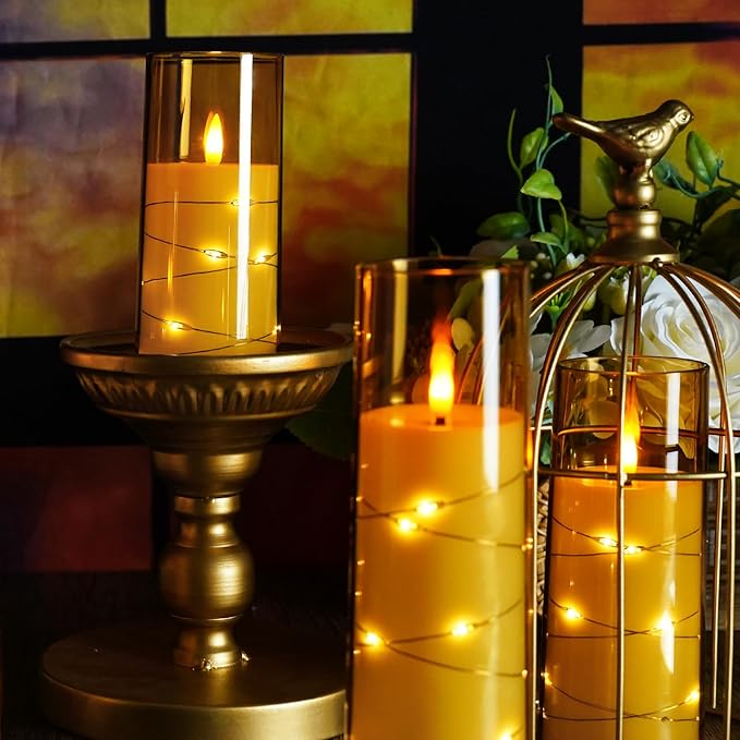 Flameless LED Candles with Timer 5 Pc Flickering Flameless Candles for Romantic Ambiance and Home Decoration Stable Acrylic Shell,with Embedded Star String，Battery Operated Candles（Gold）