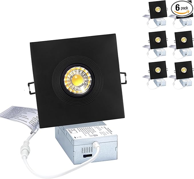 Canless Recessed Gimbal Downlight Rotatable-Spotlight 5 CCT 4 Inch Eyeball Ceilling Potlight, Dimmable Lights Fixture with Junction Box, 8W CCT Adjustable, Black Square Trim, with Baffle, 6P