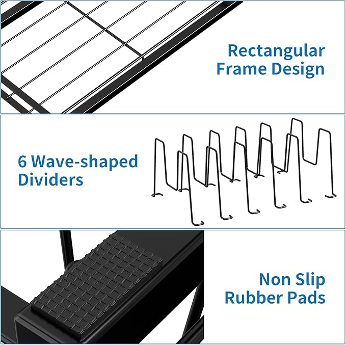 Food Container Lid Organizer, Adjustable 6 Dividers Full-Metal Pot and Pan Organizer Rack for Kitchen Cabinets, Drawers, Cupboards, Pantry Shelves Storage, Black