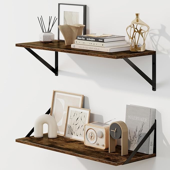 Fun Memories Deep Floating Shelves for Wall, 24W x 8D Wall Mounted Shelves Set of 2, Wide Display Ledge Shelf with Sturdy Metal Brackets for Living Room, Bathroom, Bedroom and Kitchen, Rustic Brown