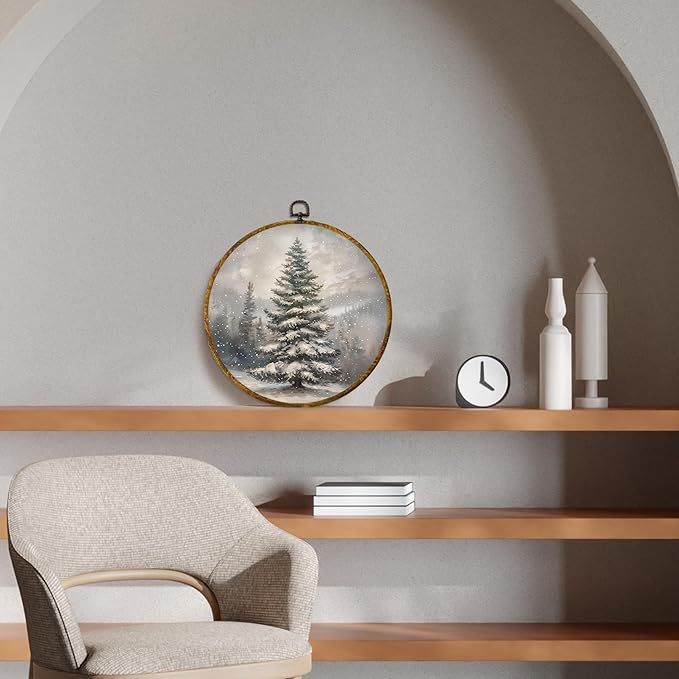 CUANFDDSF Christmas Winter Tree Round Wall Art Decor, Rustic Snowy Forest Pine Tree Landscape Wall Hanging Frame Decor, Cozy Winter Canvas Prints Decorations for Home Bedroom Living Room, 10x10 Inch
