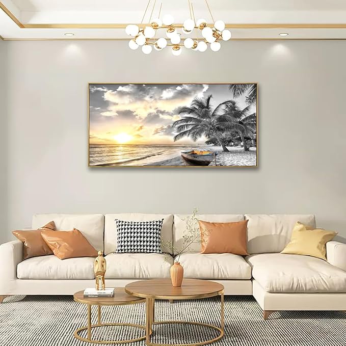 Framed Canvas Wall Art for Living Room Bedroom Office Black and White Beach Wall Art Paintings Pictures Artwork Seascape Sunset Wall Decor 20 * 40inch