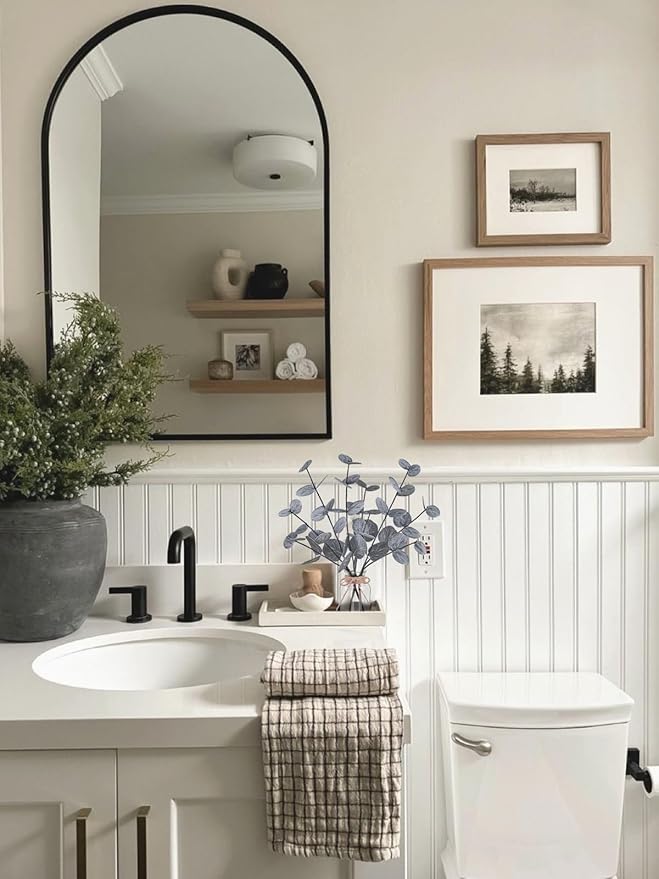 Artificial Eucalyptus Stems in Glass Vase with Faux Water, 14" Fake Plants for Home Decor, Coffee Table Centerpieces, Office, Bathroom & Farmhouse Weddings - Faux Plants Decorations